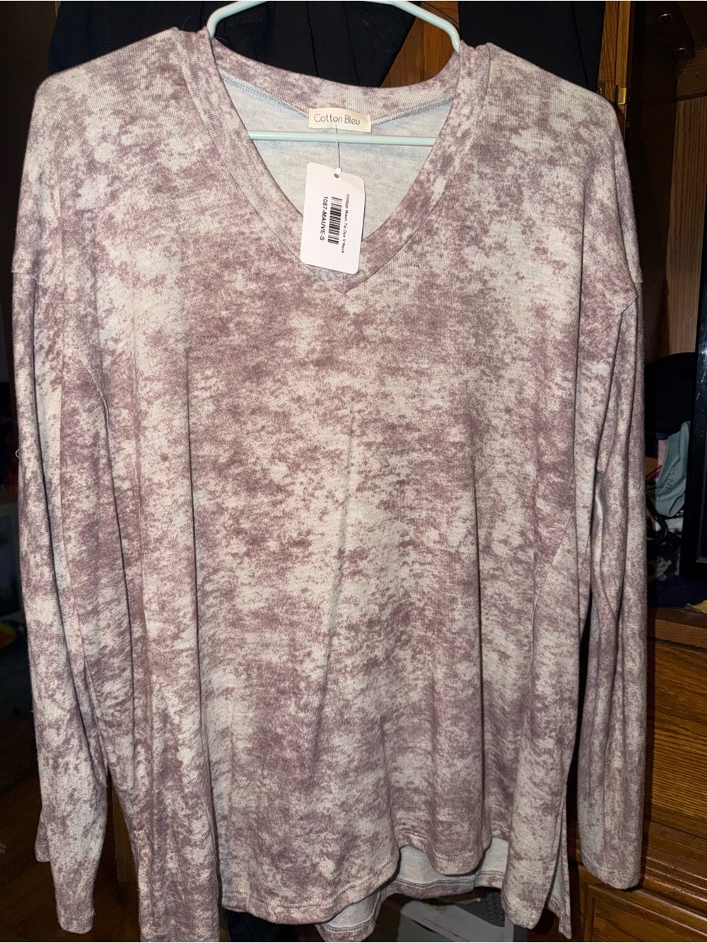 Cotton Bleu Women's Mauve & Cream V-Neck Long Sleeve Top